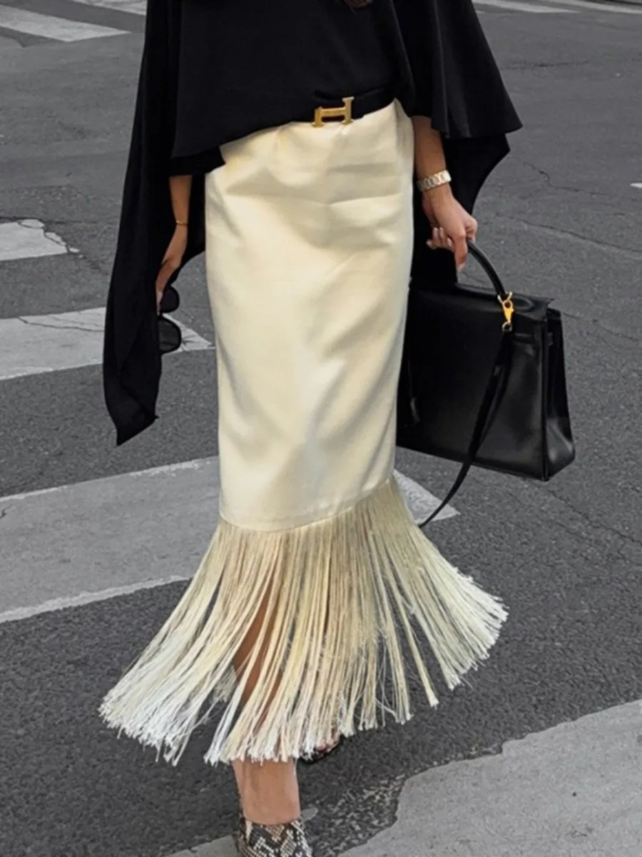 LIinar 2026 Spring Summer New Arrivals Women's Fashionable Casual Versatile Straight-Cut Skirts Fringed Midi Skirts