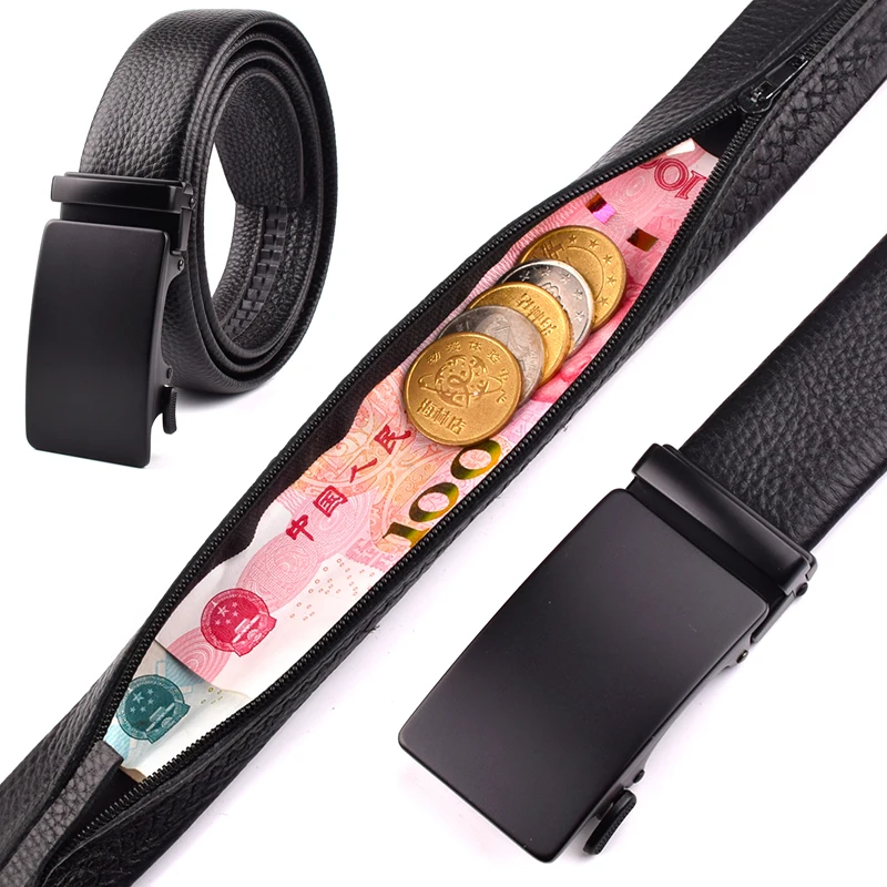 Genuine Leather Travel Cash Anti Theft Belt Zipper Secret Hiding Cash Belt Automatic Buckle Waistband Belt Men Waist Bag Women