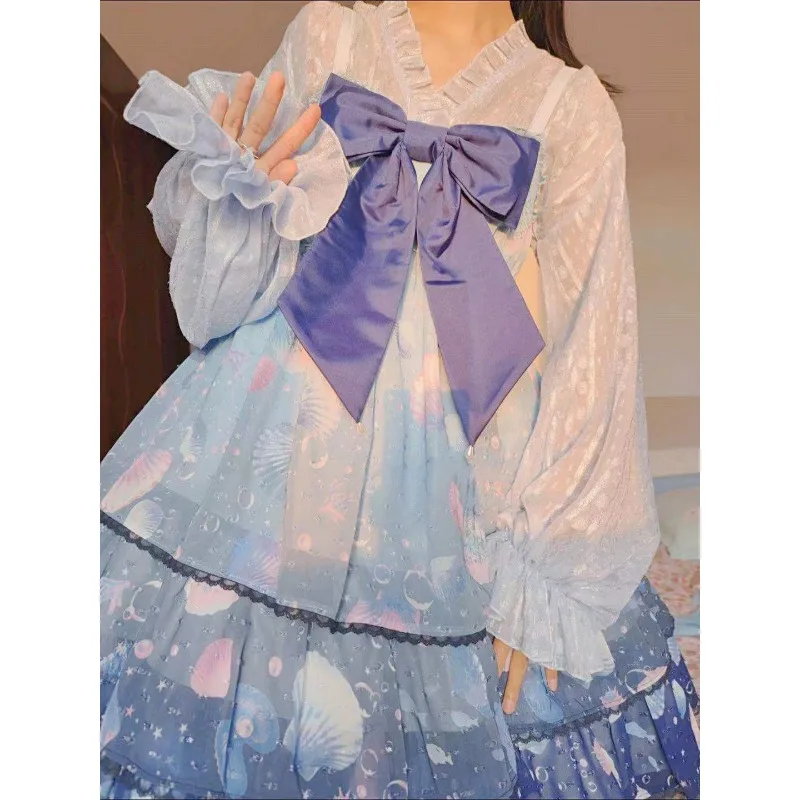 Letnia Lolita Szyfonowa Krótka Kurtka z Bufiastymi Rękawami Damska Warstwa Wewnętrzna Kokarda Długi Rękaw Kardigan Warstwa Zewnętrzna Ochrona Przed Słońcem Top