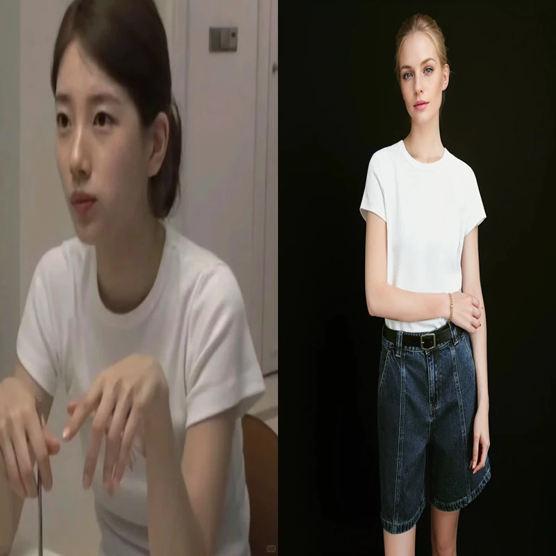 

White shoulder T-shirt Bae Jixiu South Korean star with the same style of women's simple all-matching body blouse for women