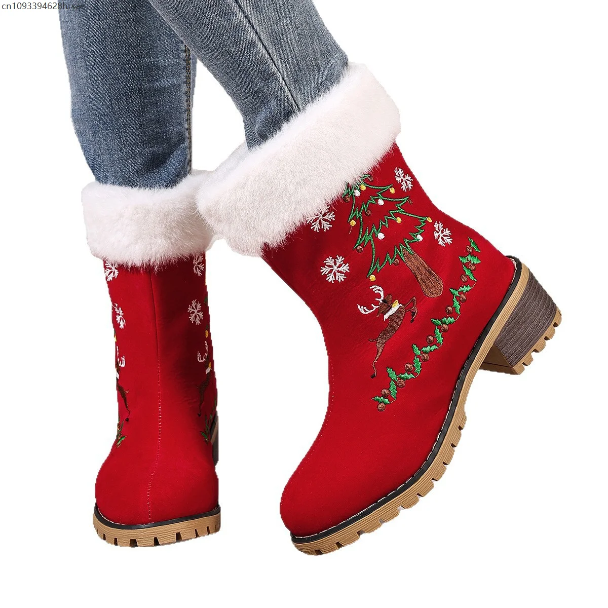 Women Christmas White Furry Tirm Red Ankle Boots Christmas Tree Reindeer Snowflake Print Block Heel Winter Xmas Party Footwear 6