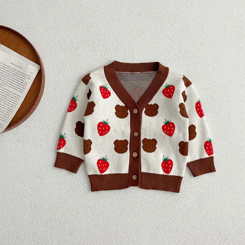 

New Autumn Baby Sweater 0-3T Cute Strawberry Printed Knit Cardigan Coat Toddler Boys Girls Soft Loose Sweater Jacket