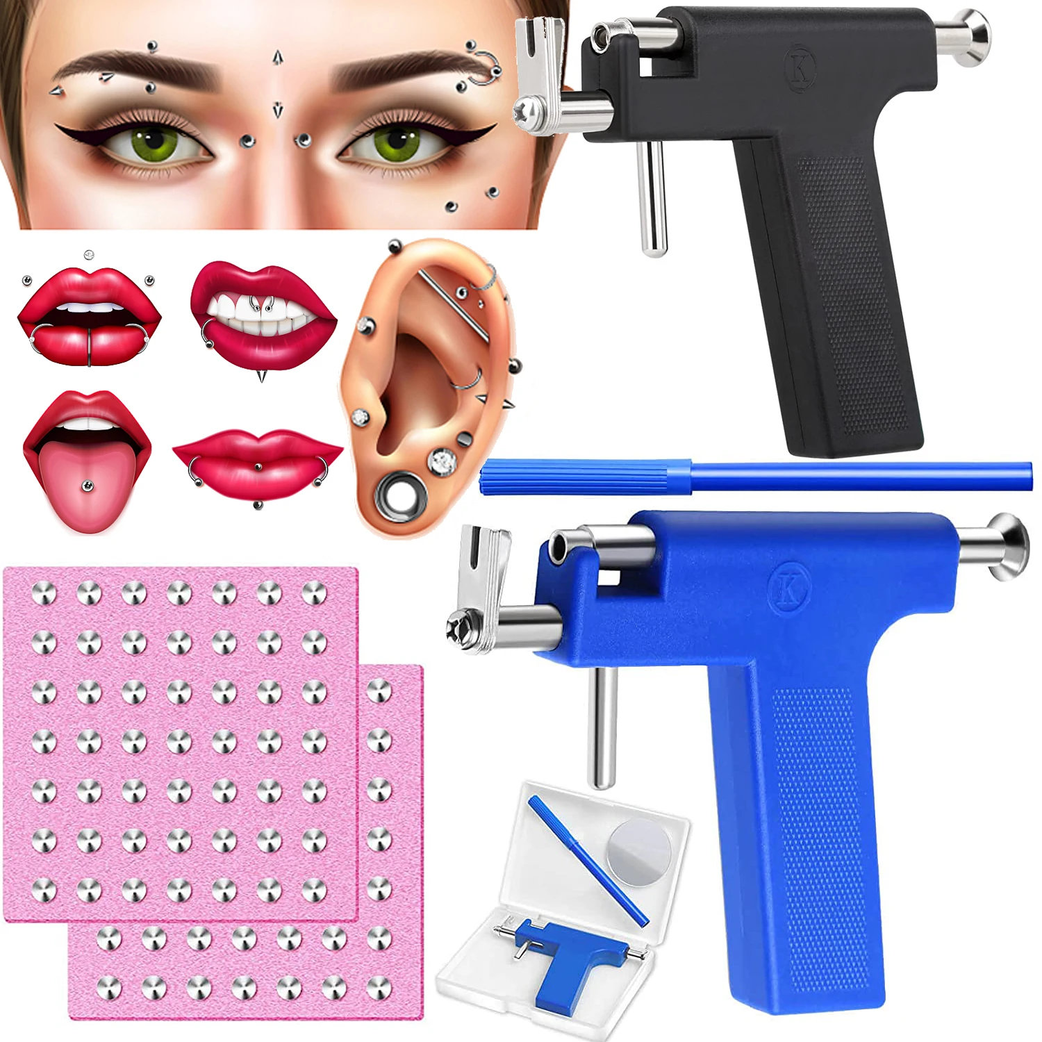 New Pro Ear Body Nose Navel Lips Tongue Piercing Gun Machine Supply Tool Kit Set 98pcs Ear Studs Healthy Safty Sterile Piercer