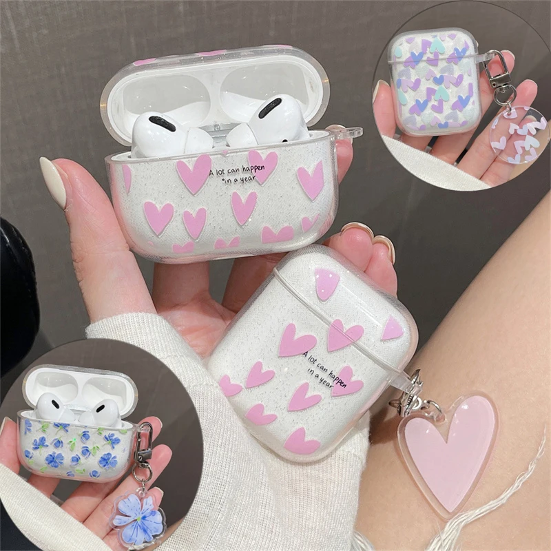 Luxury Bling Glitter Heart Flower Earphone Case For Airpods Pro 2nd Wireless Earphone Cover For Air Pods 2 1 3 Soft Silicone Box