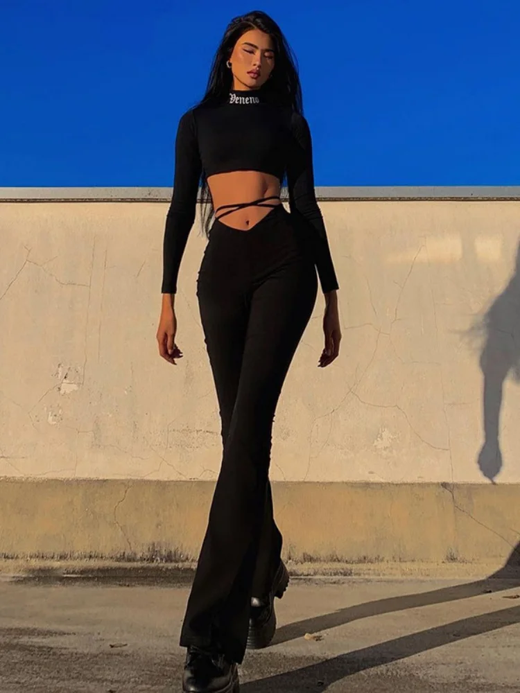 Siyah Flare pantolon kadın Streetwear yüksek bel Pantalones De Mujer İpli sil ~ ~ ~ ~ ~ ~ ~ ~ ~ ~ ~ ~ ~ ~ ~ ~ ~ ~ ~ ~ ~ ~ ~ ~ ~ ~ ~ ~ ~ ~ ~ ~ ~ ~ ~