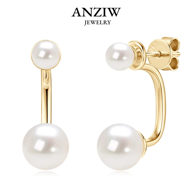 ANZIW 925 Sterling Silver Jacket Earrings Round Natural Freshwater Pearl Studs Front-back Earrings for Women Fine Jewel Gifts