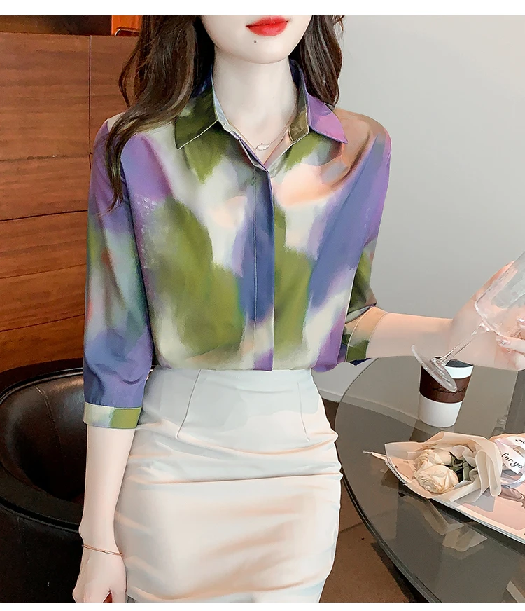 FANIECES blusa mujer Purple Printed Summer Shirts Blouse for Women Long Sleeve Slim Shirts Turn-down Collar Female Tops Blouses