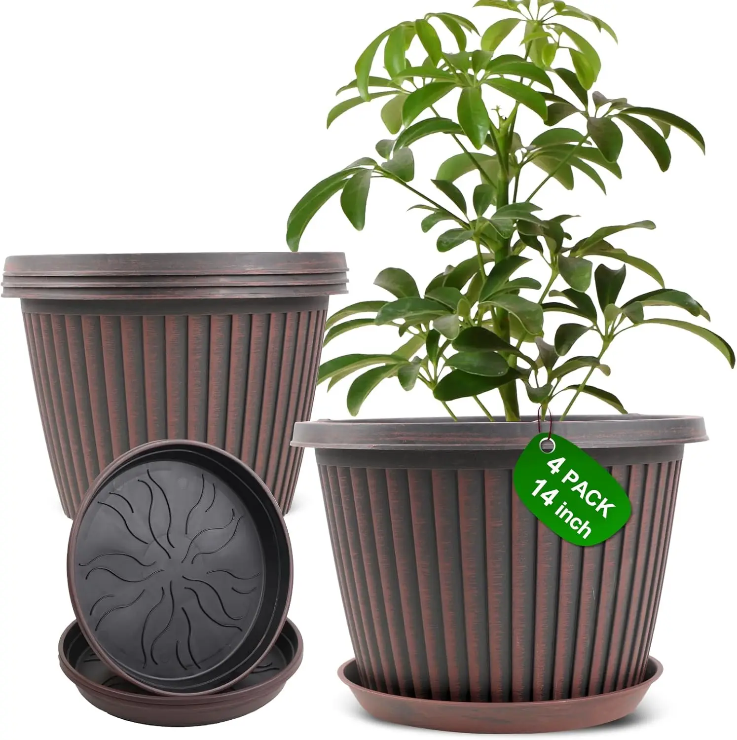 

14 Inch Plastic Plant Pots with Saucers, Drainage Holes for Indoor Outdoor Garden Plants, Modern Design