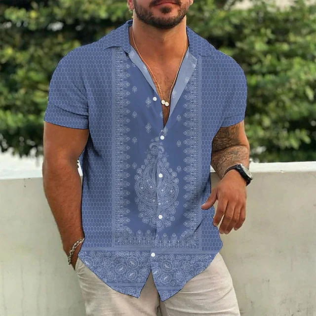 Men's Dark Ethnic Style Striped Breathable 3D Printed Shirt Short-sleeved Lapel Basic Hawaiian Beach Vacation Party Shirt Outer