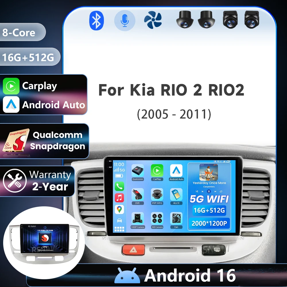 Radio Multimedia para Auto con Android 16, Qualcomm Carplay, Pantalla 2K, para Kia RIO 2 RIO2 2005 - 2011, Autoradio GPS Estéreo 2din