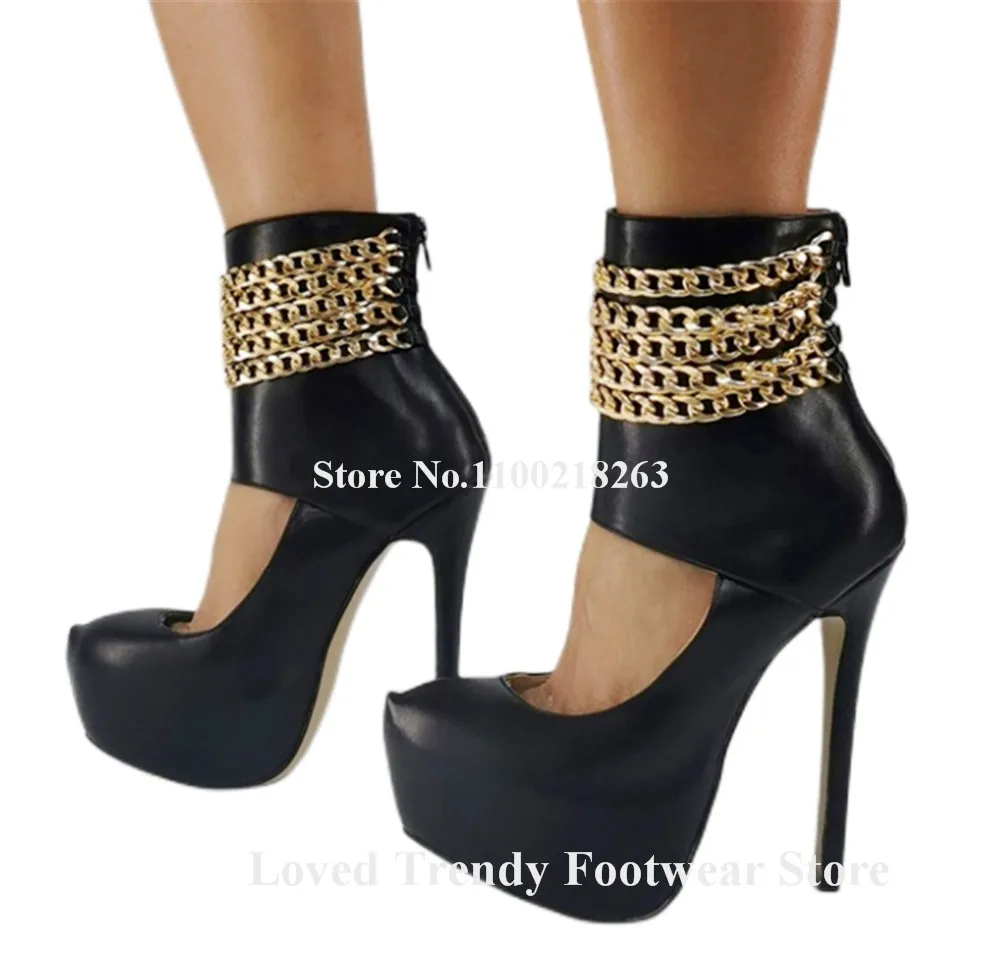 

Emeline Dubois Black Matte Leather Ankle Gold Chains Stiletto Heel Pumps Round Toe Cut-out High Platform Thin Heel Party Heels