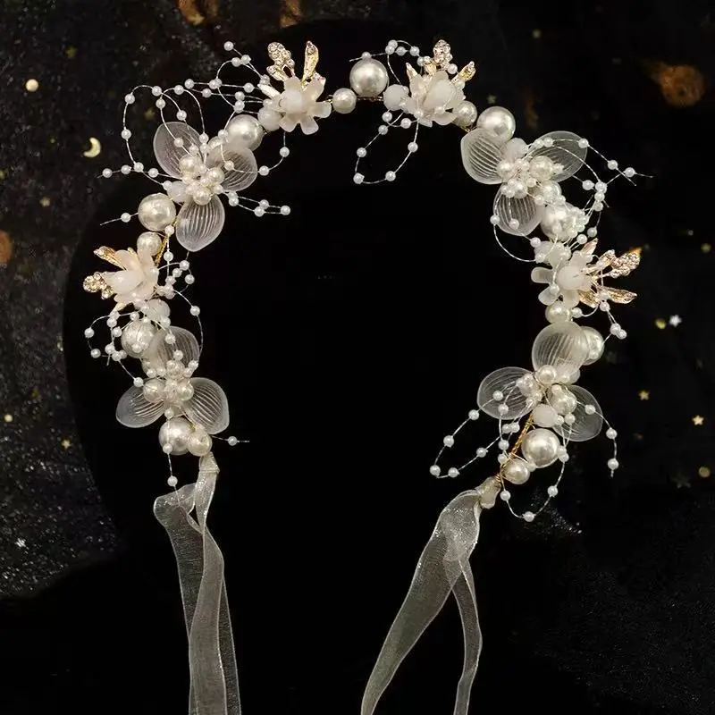 

Wedding Crystal Bridal Headpiece Handmade Pearl Tiara Hair Band for Women Girls Bride Accessories Ceremony Crown Jewelry