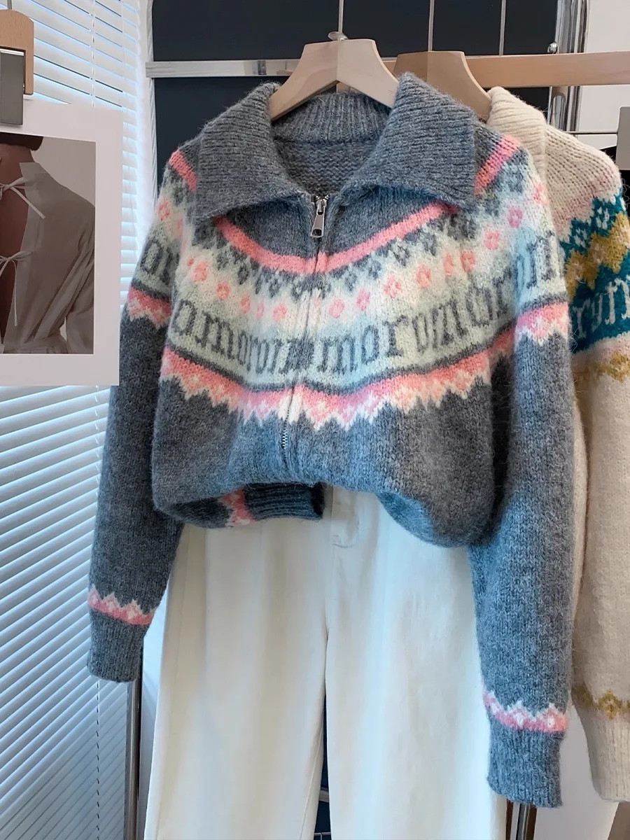 AOSSVIAO 레트로 자카드 니트 카디건 여성 가을, 겨울 느슨한 긴 소매 스웨터 지퍼 라펠 컬러 블로킹 코트