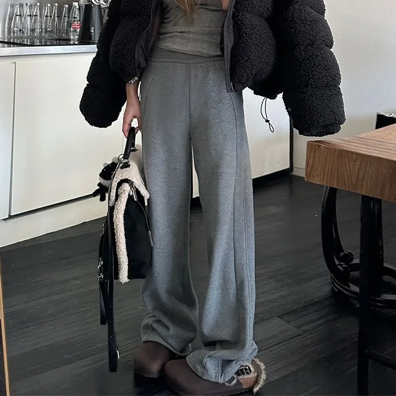 

QWEEK Gray Vintage Fleeced Women's Sweatpants Winter Baggy Korean Fashion Sport Brushed Pants Harajuku Streetwear Trousers New