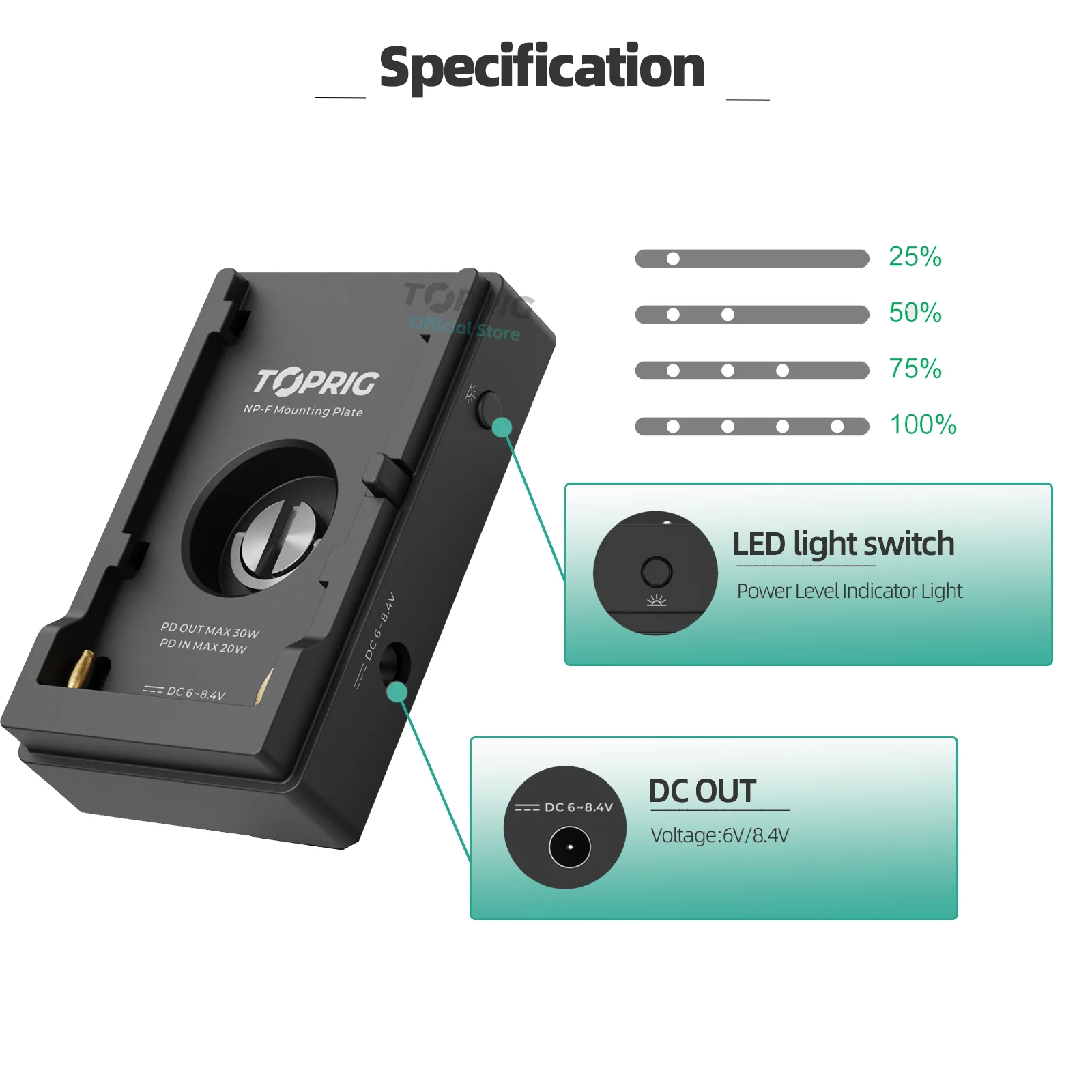 Toprig ACC004-P NP-F Battery charger Adapter power supply plate 1/4\'\' Screw Mount, Compatible with Sony NP-F550/750/970 Battery