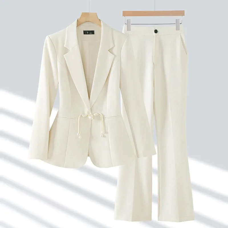 Pop Autumn Winter Women Vintage Chinese Style Two-piece Set Solid Temperament Single Buttons Blazer Coat And Ankle-length Pant S