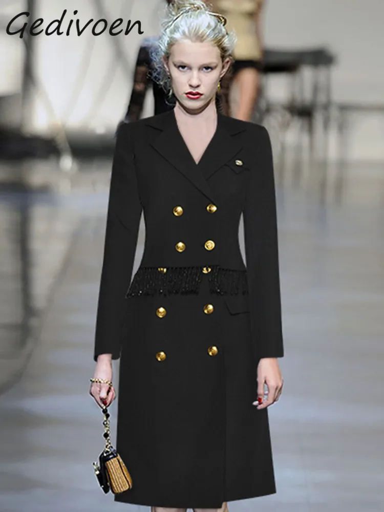 

Gedivoen Winter Fashion Runway Black Vintage Temperament Skirt Set Women Lapel Tassels Slim Suit Coats+Pocket Skirt 2 Pieces Set