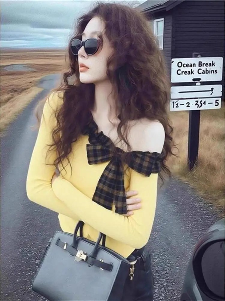 Autumn Winter Chic Yellow Asymmetrical Shoulder Top Korean Style Dopaamine  Knot Trendy Unique Fashion Women's Shirt