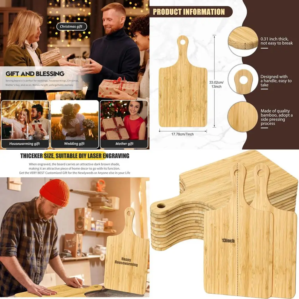 

Bulk 12-Piece Wood Cutting Boards with Handles, Bamboo Serving Trays for Laser Engraving, Custom Wedding Gifts, Housewarming, Pa