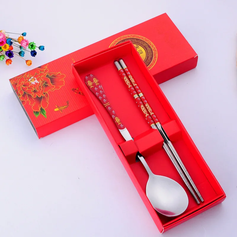Korean Style Double Fish Pattern Stainless Steel Spoon Chopsticks Gift Set  Stripe Design Boxed Utensils for Everyday... view 4