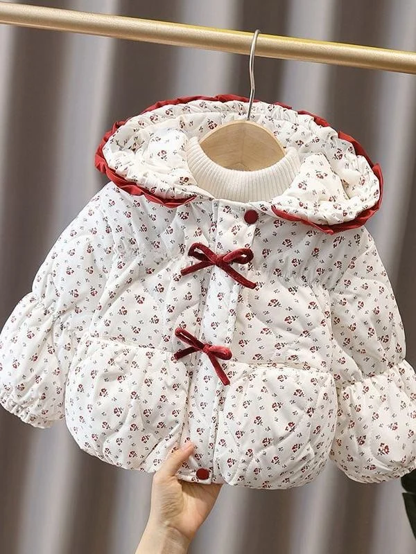 

Girls Cotton Jaet Floral Print Fce Lined Thiened Winter Coat Warm Top with Cotton Sandwich Hooded Casual Sle for Kids