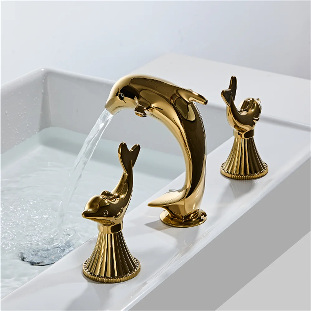 luxury Basin Mixer Hot And Cold shower room sink Faucet Tuqiu Dolphin Bathroom faucet widespread Gold Basin faucet Lavotory Tap