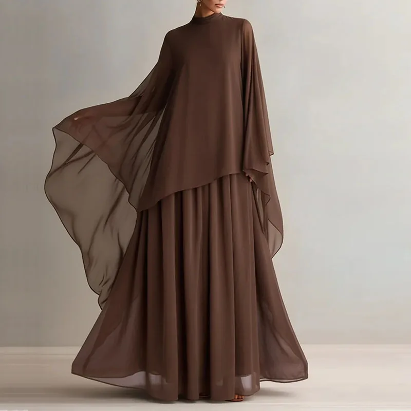 Boho 2‑Piece Matching Set Women O Neck Wide Cape Sleeve Sheer Top & Pleated Long Skirt Outfit Guest Solid Party Prom Skirt Suits view 5