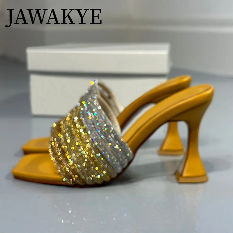 Bling Women Slippers Multi Color Rhinestone Square Toe High Heels Women Pumps Summer Ankle Strap Banquest Dress Women Sandals