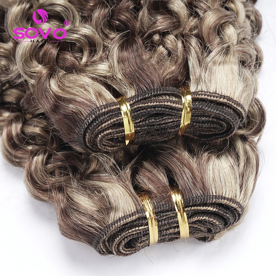 SOVO Honey Blonde Water Wave Human Hair Extensions 100G Highlight P6/613 Natural Wet and Wavy Peruvian Curly Hair Weave Bundles