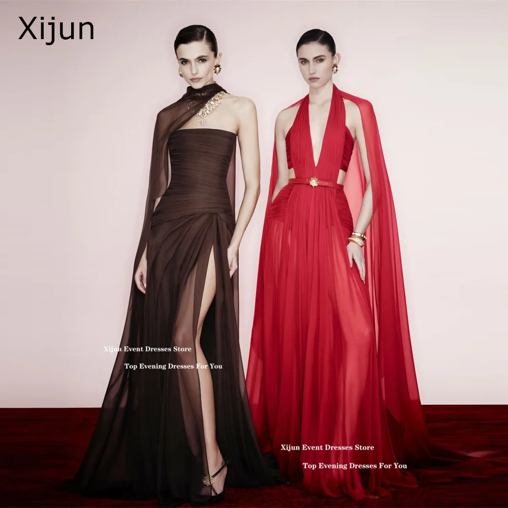 Xijun Elegant Brown Chiffon Evening Dresses Pleated Shawl A-Line Prom Dresses Slit Sleeveless Formal Prom Gowns 2026  Customized