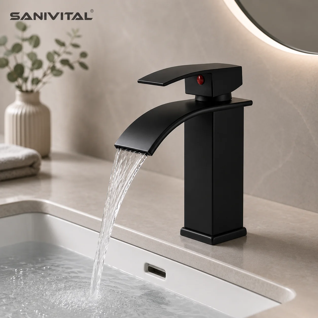 SANIVITAL Waterfall Bathroom Faucet Single Handle Hot Cold Mixer Tap Matte Black Basin Sink Faucet Deck Mounted