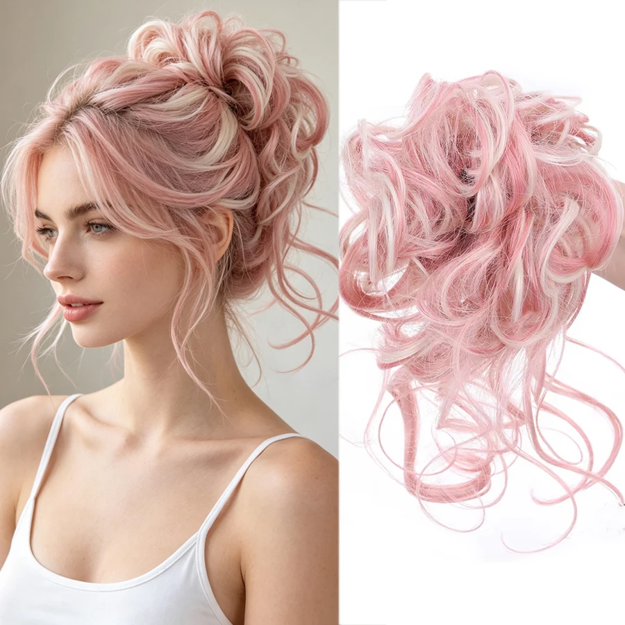 Synthetic Messy Bun Hair Scrunchie Wave Curly Ponytail Extension Elastic Hairpiece For Women Updo Wedding Party Cosplay Costume