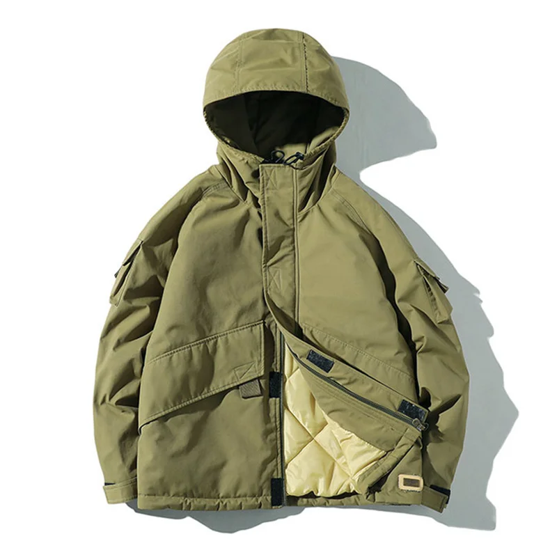 Men's Hooded Padded Jacket Cargo Windproof Parkas Oversize Warm Down Cotton Coat Male