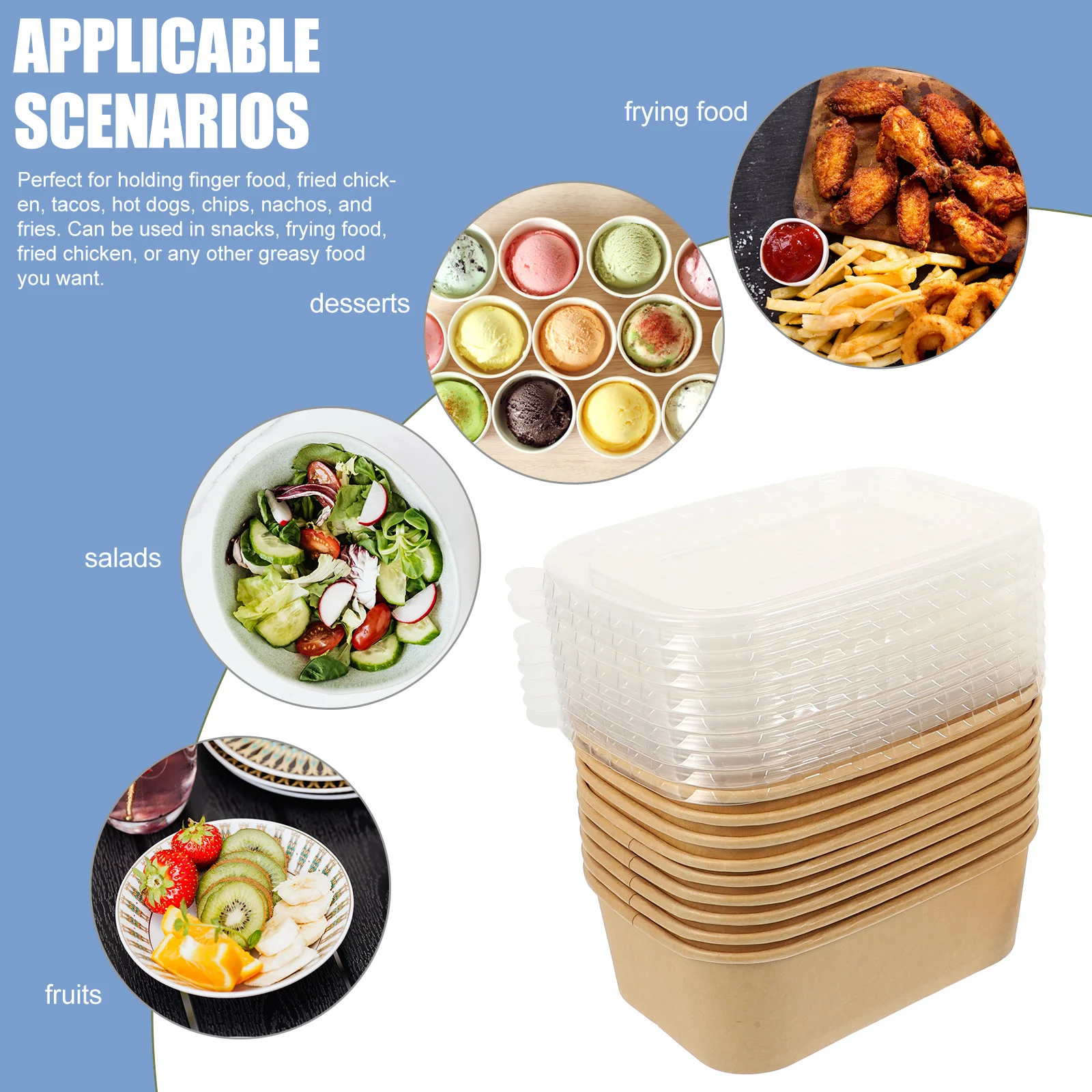 10 Sets Packed Lunch Box Cardboard Packaging Package Cake Boxes and Food Containers with Lids Kraft Paper Frying Fried Chicken