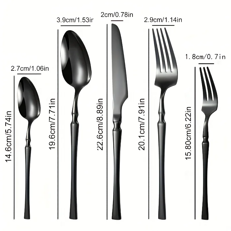 40/60-Piece Black Stainless Steel Cutlery Set, Mirror Polished, Including Dinner Forks, Steak Knives, and Soup Spoons, Suitable view 6