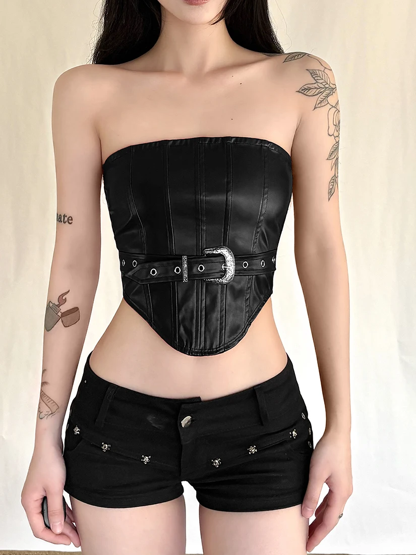 

Топ-майка SylCue Street Sle Motorcycle Girl с поясом, облегающая, асимметричная, без бретелек, базовый слой для молодых женщин