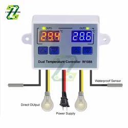 W1088 podwójna lampa LED cyfrowy czujnik temperatury miernik regulator termostat 12V 24V 220V akwarium inkubator termoregulator