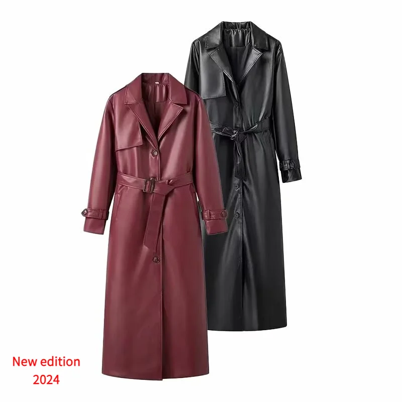 Wine Red Women New Fashion With Belt Long Style Single Breasted Faux Leather Coat Vintage Long Sleeve Pockets Female Outerwear