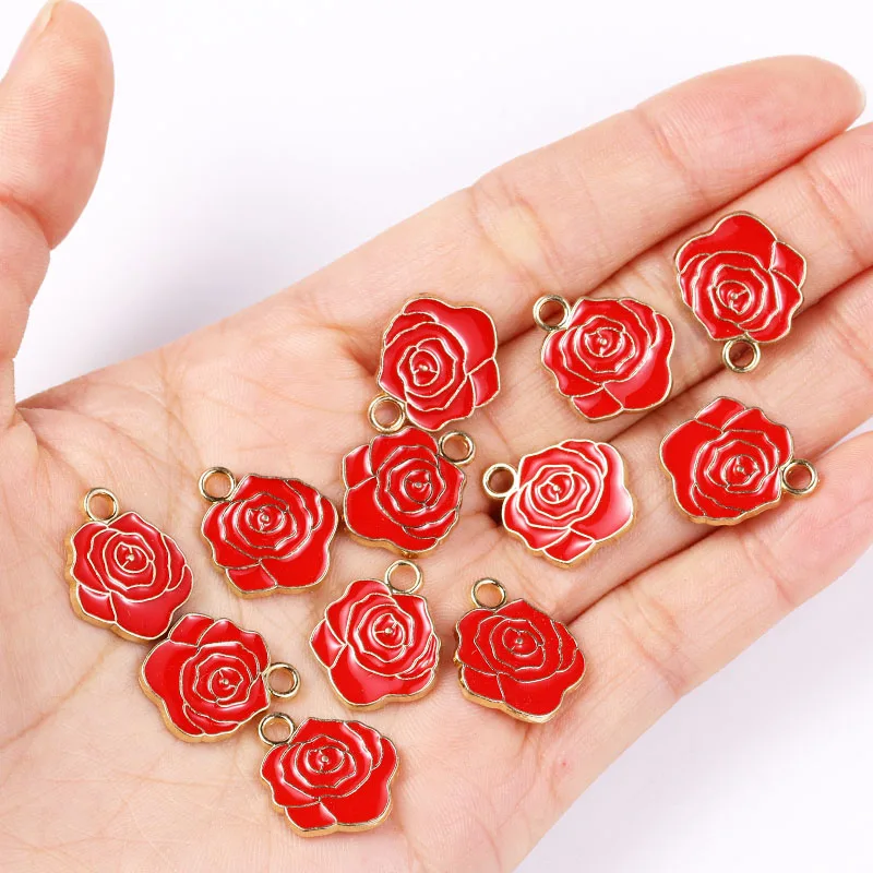 20Pcs 14*17mm Enamel Alloy Rose Pendant DIY Necklace Bracelet Earrings Drip Oil Flower Charms for Jewelry Making Craft Accessory