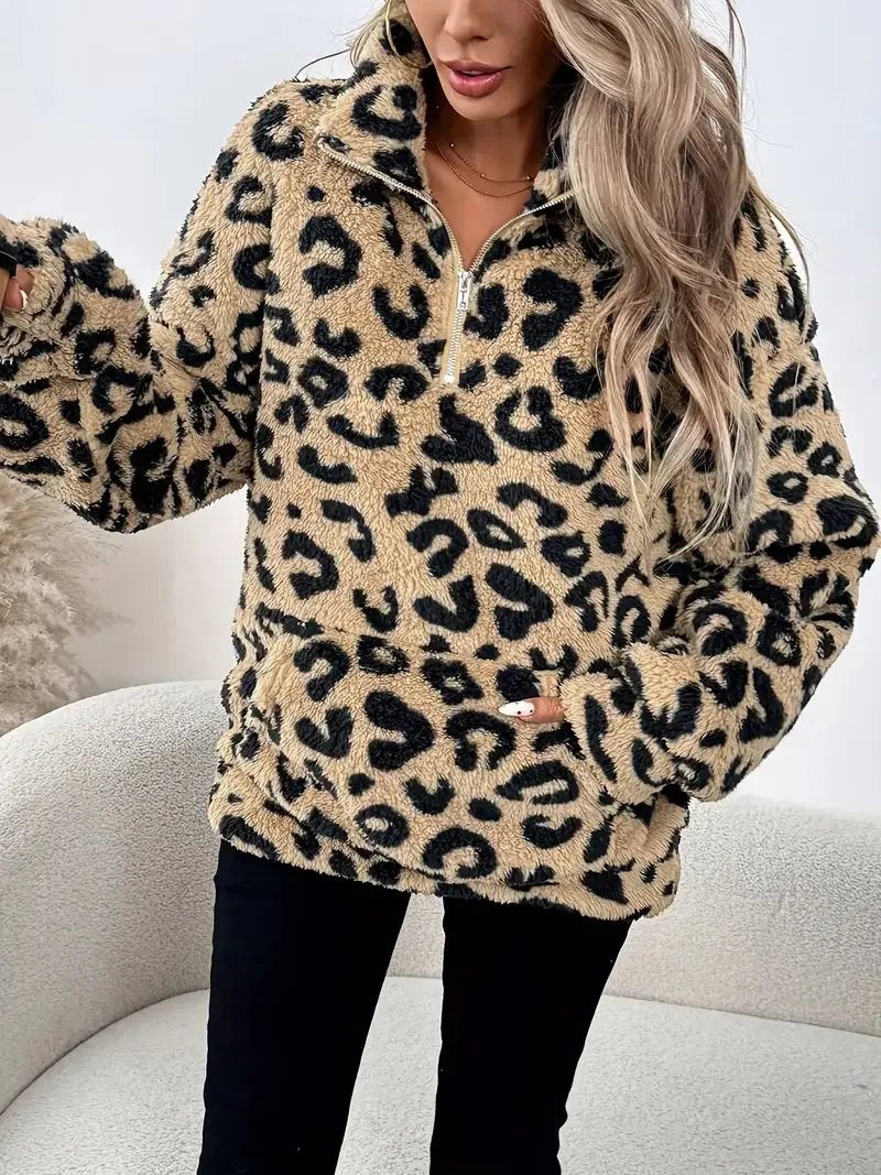 Damska bluza w panterkę na jesień i zimę, nowa, codzienna, ciepła, pluszowa, z długim rękawem, stójką, zapinana na zamek, z kieszeniami.
