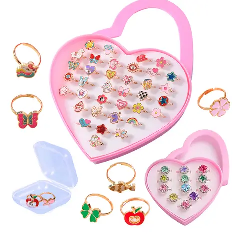 6/12/36 stücke Nette Einstellbare Ringe Kinder Mädchen Pretend Spielen Make-Up Spielzeug Cartoon Kristall Schmuck Legierung Tier emaille Ringe