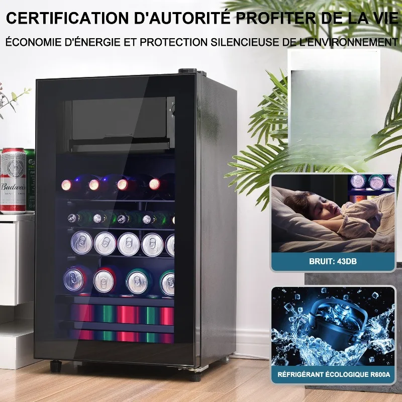76L Mini-Kühlschrank, 6L+70L für Eis, LED-Beleuchtung, fasst 51 Dosen Limonade, Wasser, Bier oder Wein. Geräuscharmer Betrieb, Kompressor