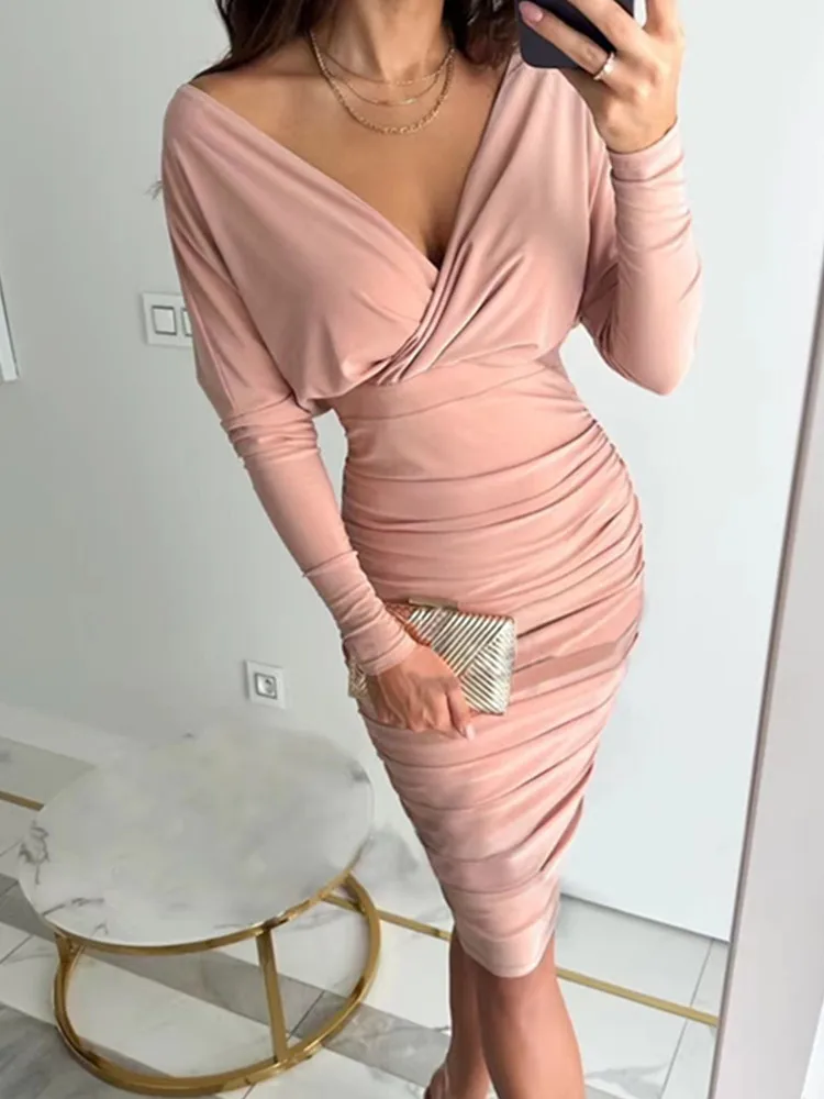 

BKLD 2026 New Autumn Winter Clothes Long Sleeve V-Neck Sexy High Waist Bag Hip Dress For Women Solid Color Party Dress Clubwear