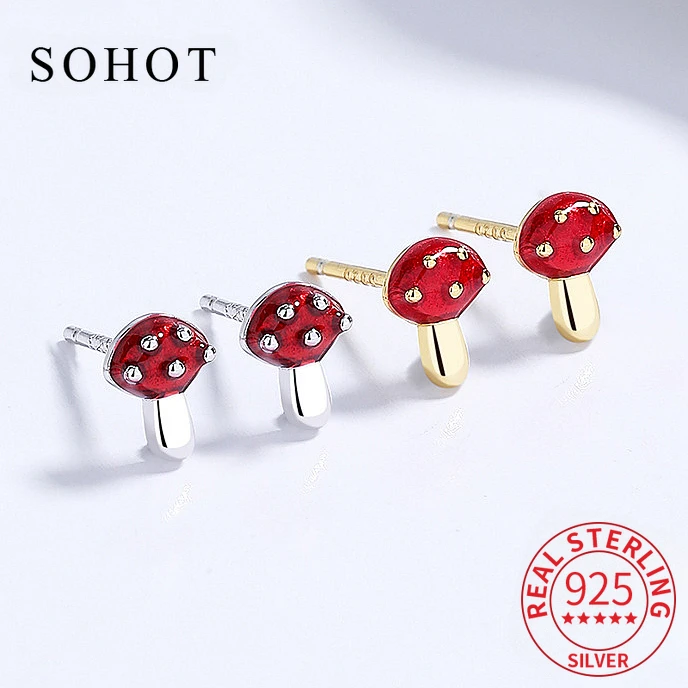 

Real 925 Sterling Silver Enamel Mushroom Stud Earrings for Women Trendy Plant Fine Jewelry Minimalist Accessories