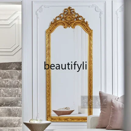 

European-style golden luxury wall-mounted floor-to-ceiling full-length mirror top carved cloakroom full-length mirror