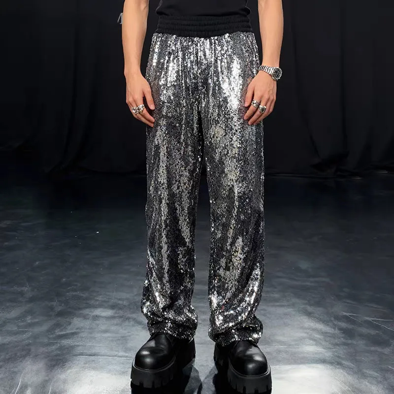 Men's Disco Sequin Pants Black SilverLoose Wide Leg Glitter Trousers for Nightclub Party Clubwear Hip Hop Jazz Dancer Costume