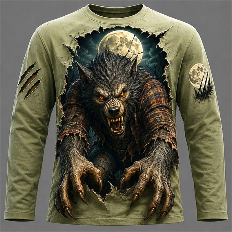 Men's Tear-Print Werewolf 3D-Printed Long-Sleeve T-Shirt Full Moon Claws Design Round-Neck Streetwear-Style Long-Sleeve T-Shirt