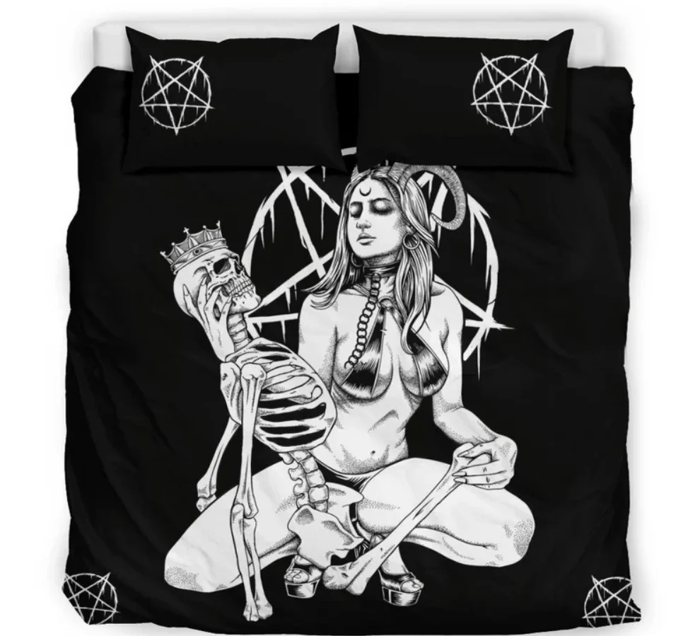 Dead Harvest Garden Duvet Cover Or Pillow Shams For Skull Bedroom Decor, Earthy Color Gothic Bedding, Pumpkin Floral Halloween