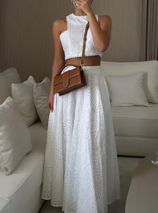 

2-piece lace hollow out sleeveless crop top and casual high waisted A-line skirt set for summer 2025 new women's clothing