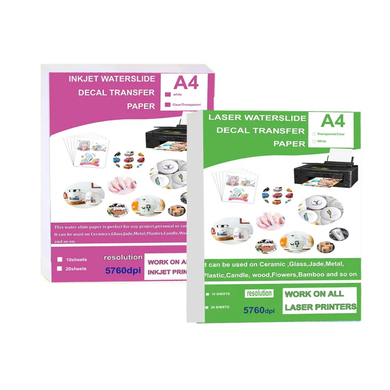 10 arkuszy DIY A4 Inkjet Waterslide naklejka papier transferowy biały przezroczysty laser Waterslide naklejka papierowa do drukarki laserowej atramentowej